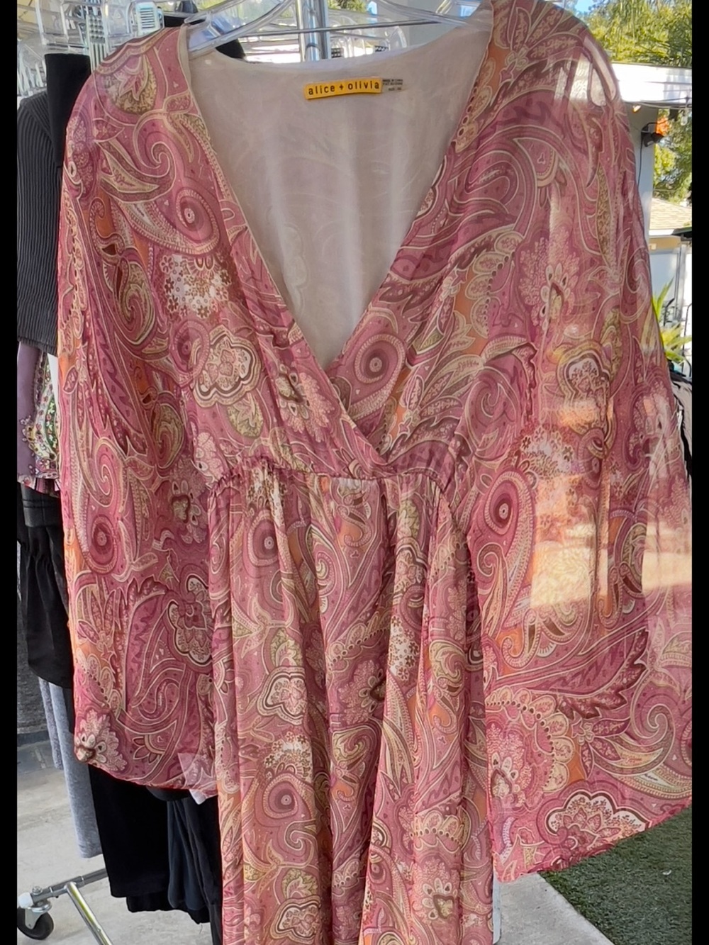 Alice + Olivia 100% Silk Paisley Maxi Dress XS Pink Boho V-Neck Empire Waist